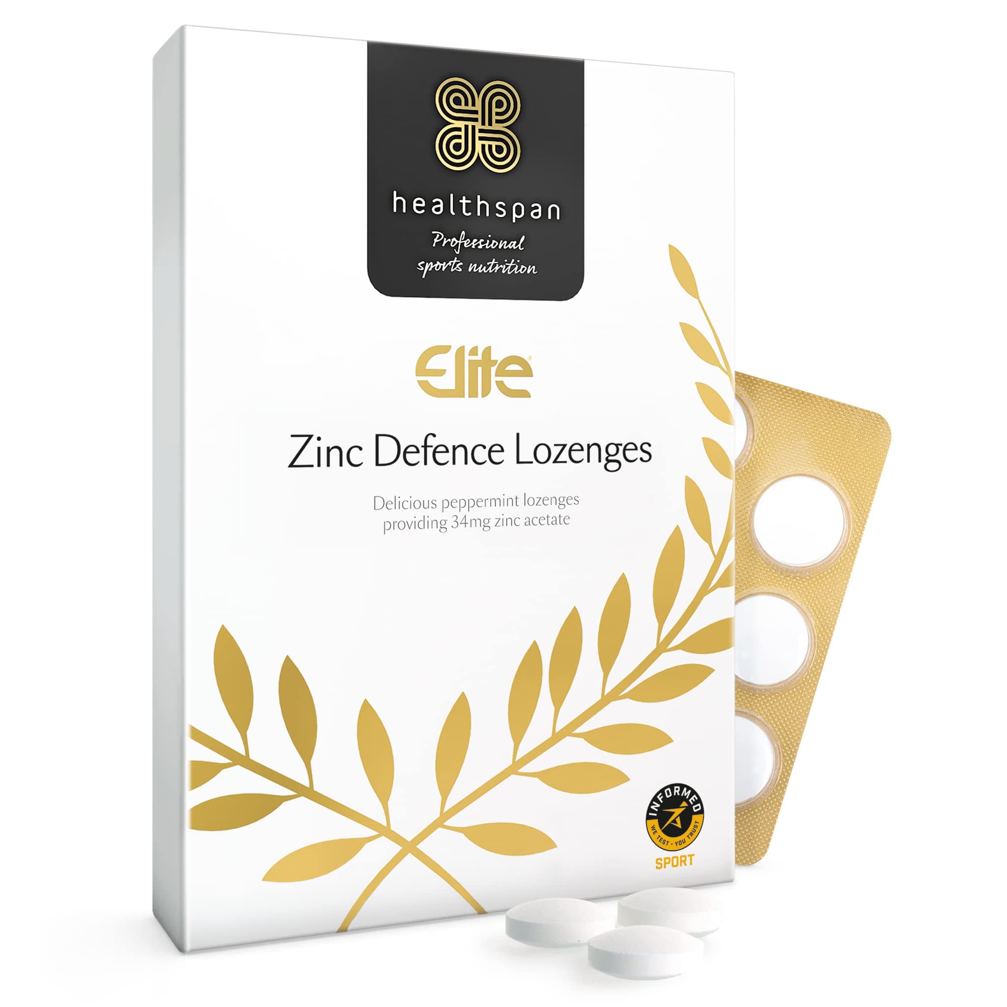 Healthspan Elite Zinc Defence Lozenges 34mg | Providing 34mg Zinc Acetate | Immune Support | Cold & Flu | All Blacks Official Partner | Peppermint | Informed Sport Accredited | Vegan (45 Lozenges)