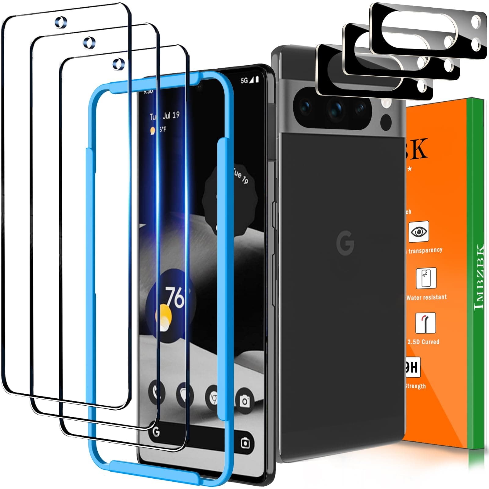 IMBZBK 3 Pack Screen Protector for Google Pixel 8 Pro Tempered Glass with 3 Pack Camera Lens Protector, Accessories 9H Anti Scratch for Pixel 8 Pro, Supports Fingerprint, Case Friendly, Transparent