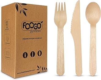 FOOGO Green 75 Piece Disposable Wooden Cutlery Set, 25 x Forks, 25 x Spoons, 25 x Knives, 16 cm, Biodegradable, Compostable, Eco-Friendly Cutlery Set, Party Picnic