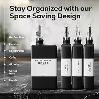 Black Glass Olive Oil Dispenser Bottle for Kitchen by Brighter Barns - Soy Sauce Dispenser, Coffee Syrup Bottle - Kitchen Decor for Restaurant, Airbnb, Coffee Bar Accessories (Black/Silver, Set of 2)