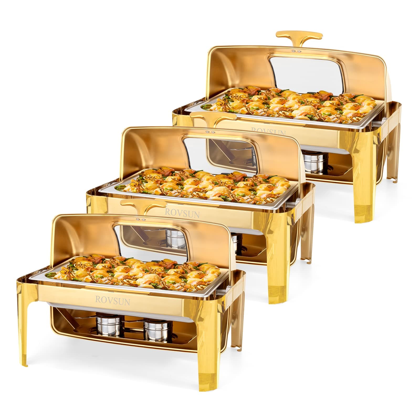 ROVSUN 9QT 3 Pack Roll Top Chafing Dish Buffet Set, Rectangular NSF Stainless Steel Buffet Warmer Chafers with Thick Frame for Catering Events Parties Weddings Dinners, Gold