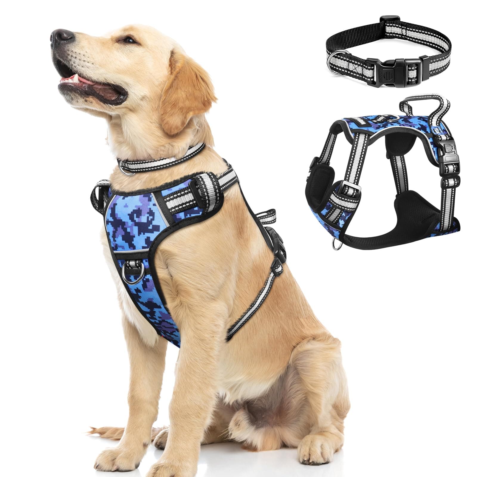 WINSEE Dog Harness No Pull, Pet Harnesses with Dog Collar, Adjustable Reflective Oxford Outdoor Vest, Front/Back Leash Clips for Small, Medium, Large, Extra Large Dogs, Easy Control Handle for Walking