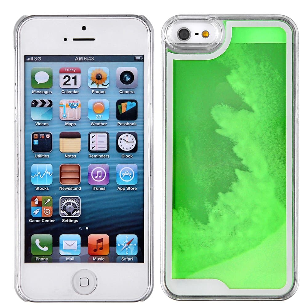 Fluorescent iPhone 5 5S Case-Yerwal Glow in the Dark Fluoresent Quicksand Liquid Hard Case Clear Cover For iPhone 5 5G 5S-Green