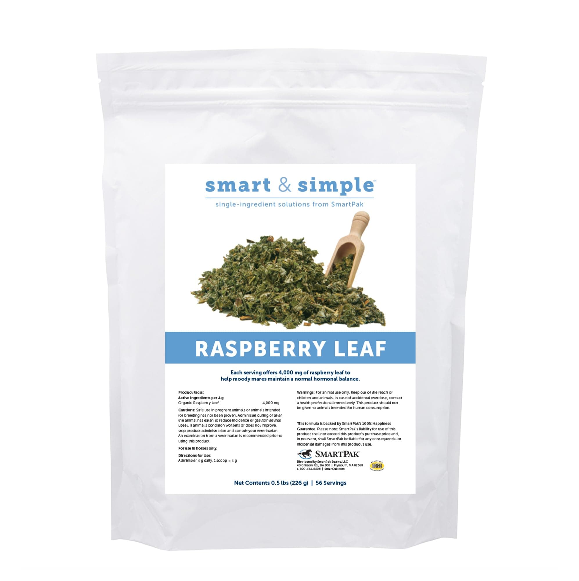 Smart & Simple Raspberry Leaf | Horse Moody Mare Supplement | Organic Whole Leaf | Single Ingredient | Equine Supplement | 56 Servings | 0.5 lb Bag