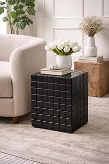 Tiled Cube Accent Bedside Table Coffee Stand Home Storage Organizer For Living Room Bedroom (, Black, Engineered Wood)