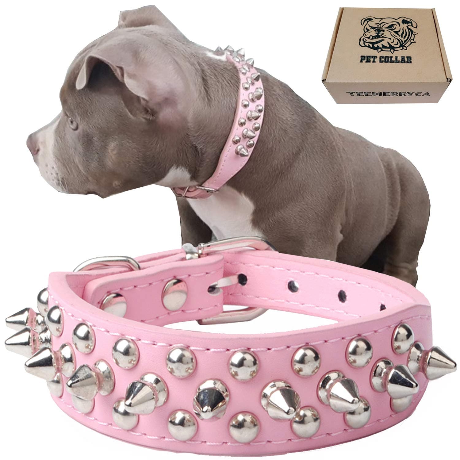 TEEMERRYCA Adjustable Leather Spiked Studded Dog Collars with a Squeak Ball Gift for Small Medium Large Pets Like Cats/Pit Bull/Bulldog/Pugs/Husky, Pink, S 10.8-13.2 inches