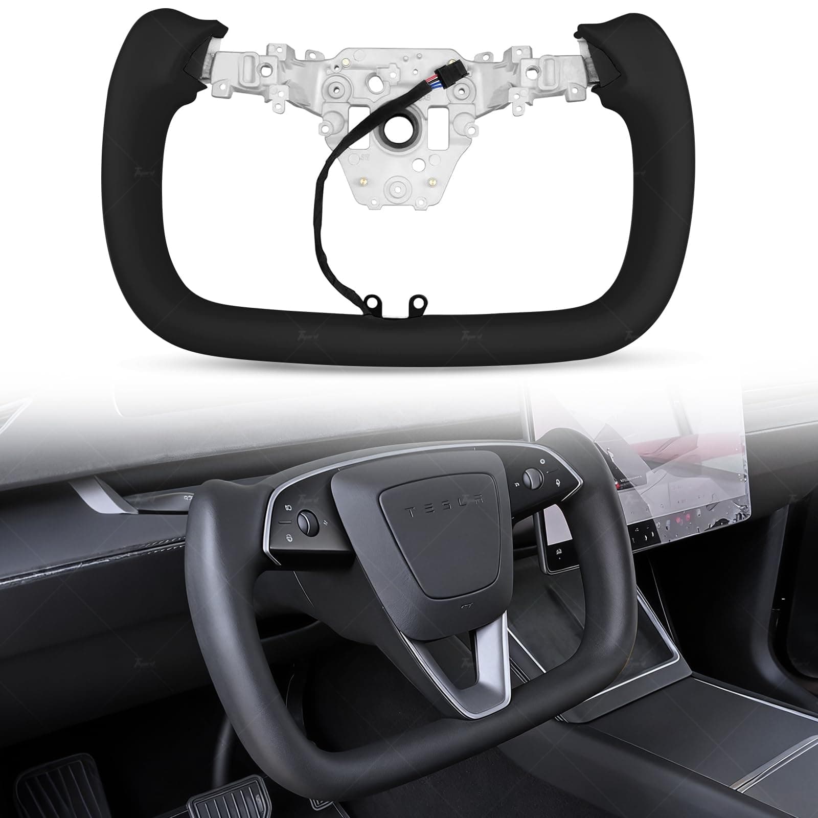 Yoke Steering Wheel Personalized for Tesla Model Y Juniper 2025, Nappa Leather for Tesla Model Y Accessories With Heating Function No Front Trim (Black Perforated, Glossy Carbon Fiber)