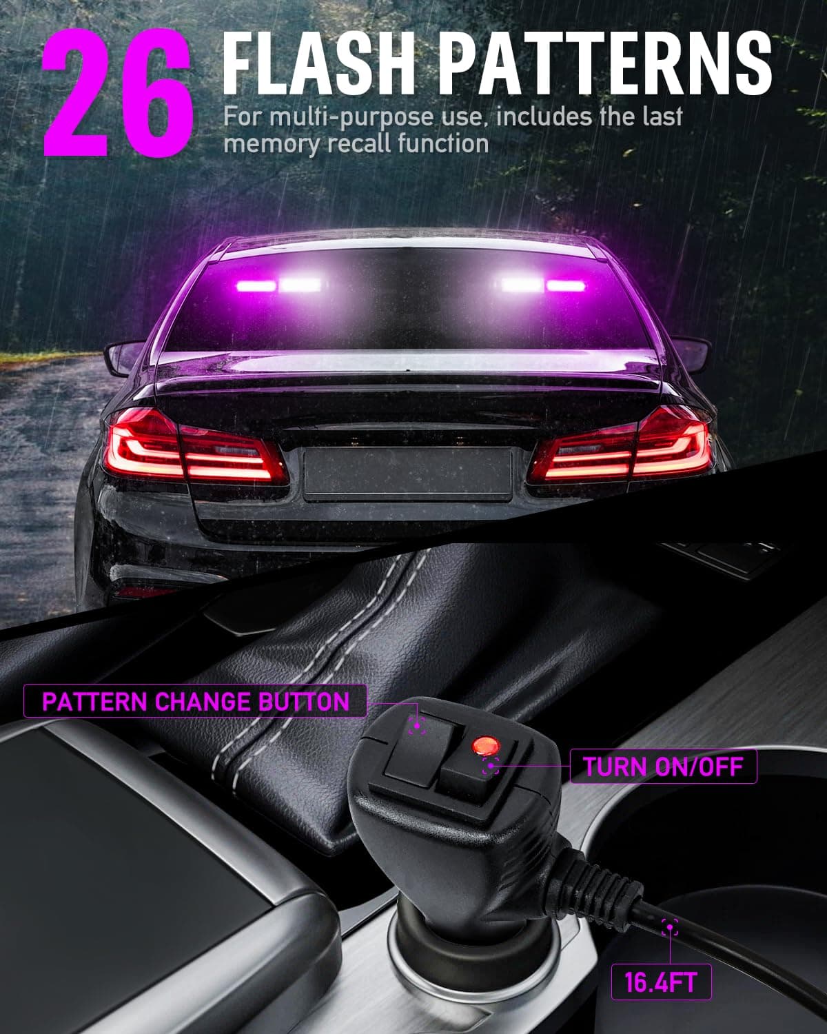 HLauto 1002L Emergency Strobe Traffic Advisor Light Bar: 40 LED Dash Safety Warning Flashing Light, Front/Rear Windshield for Construction Vehicle, Tow/Plow Truck (2x10.7inch, Purple White)