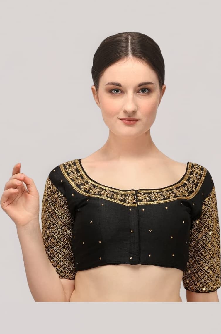 Pujia Mills Women's Embroidery Handwork Sequence Work Necklace Design Readymade Blouse