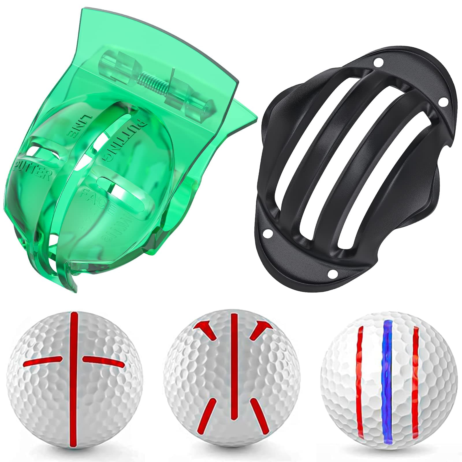 Uniclife Golf Ball Liner Tri-Line Golf Alignment Kit with Marker Pen, Triple Track Putter Stencil Accessories Spring Clamp Ball Marking Tools