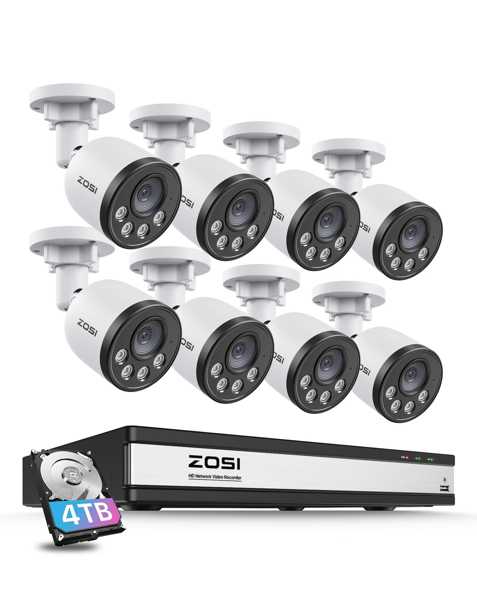 ZOSI 4K 16CH PoE Security Camera System with Audio, Night Vision, Smart Human Detection, Motion Alerts, 8pcs Outdoor Indoor PoE Wired Cameras, 16 Channel 4K 8MP NVR with 4TB HDD for 24/7 Recording