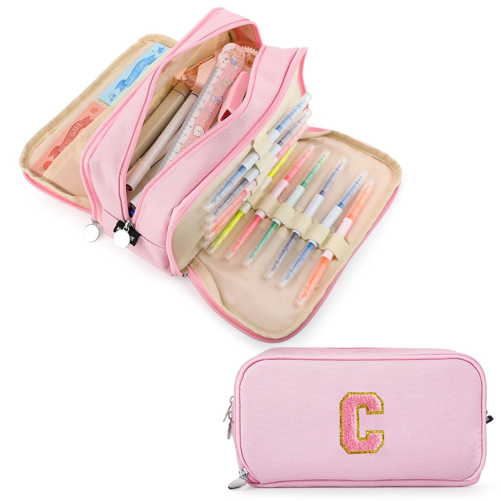 Extra Large Capacity Pencil Case 3 Compartment Initial Pencil Pouch Personalized Cute Aesthetic Stationery Pen Case Bag for School Teen Girl Boy Men Women Gift (C, Pink)