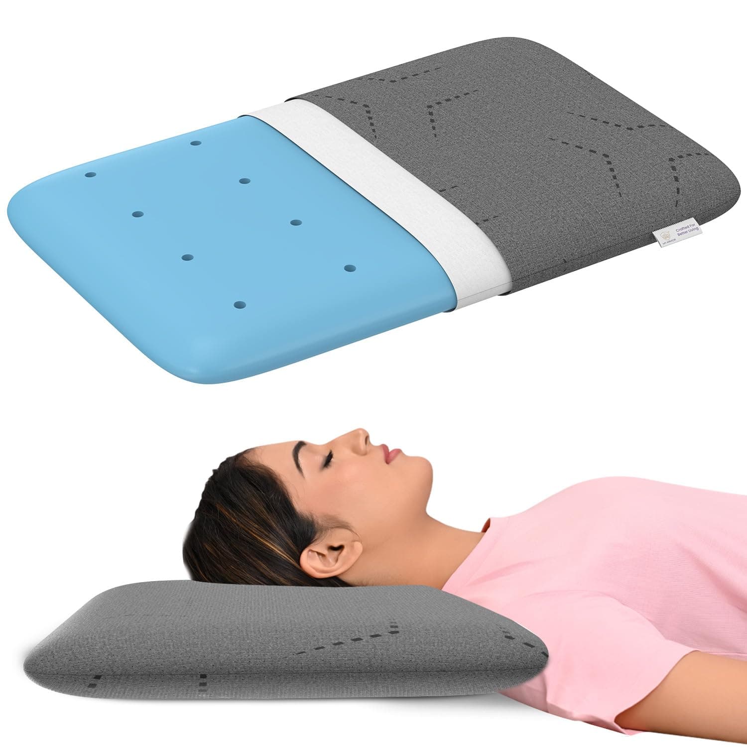 MY ARMOR Ventilated Cooling Gel Memory Foam Pillow Thin Size 3 Inch Height, Pillow for Sleeping, Neck Pain Relief & Back Support Cushion with Grey Pillow Cover - Pack of 1