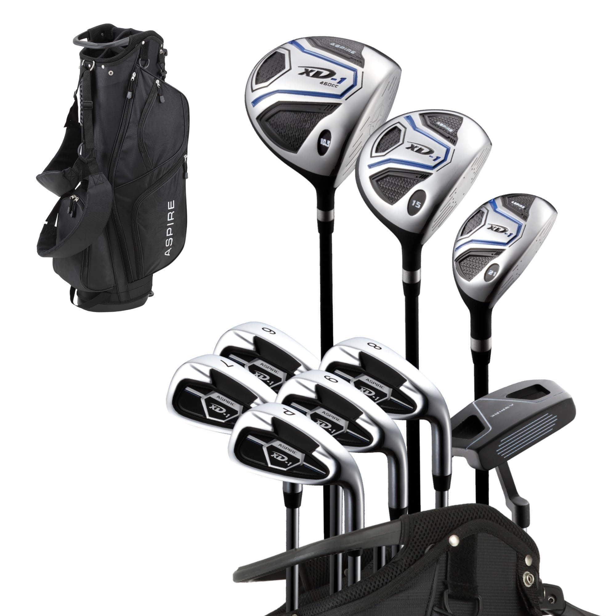 XD1 Men's Complete Golf Clubs Package Set Includes Titanium Driver, S.S. Fairway, S.S. Hybrid, S.S. 6-PW Irons, Putter, Bag, 3 H/C's Right Hand - Blue - Choose Size! Tall Size +1" black