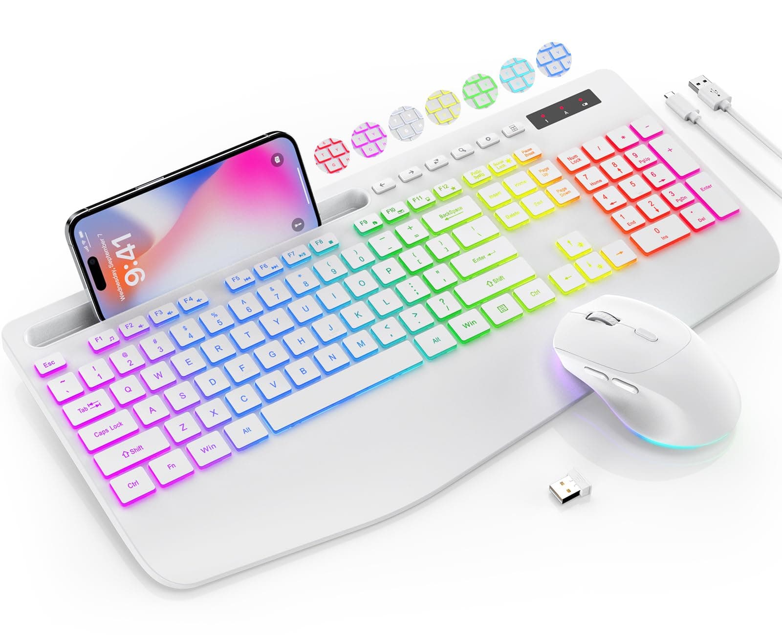 SABLUTE Wireless Keyboard and Mouse Combo, 9 Backlit Effects, Wrist Rest, Phone Holder, 2.4G Lag-Free Ergonomic Keyboards, KM22 MAX Rechargeable Silent Set for Computer, Laptop, Mac, Windows（White）