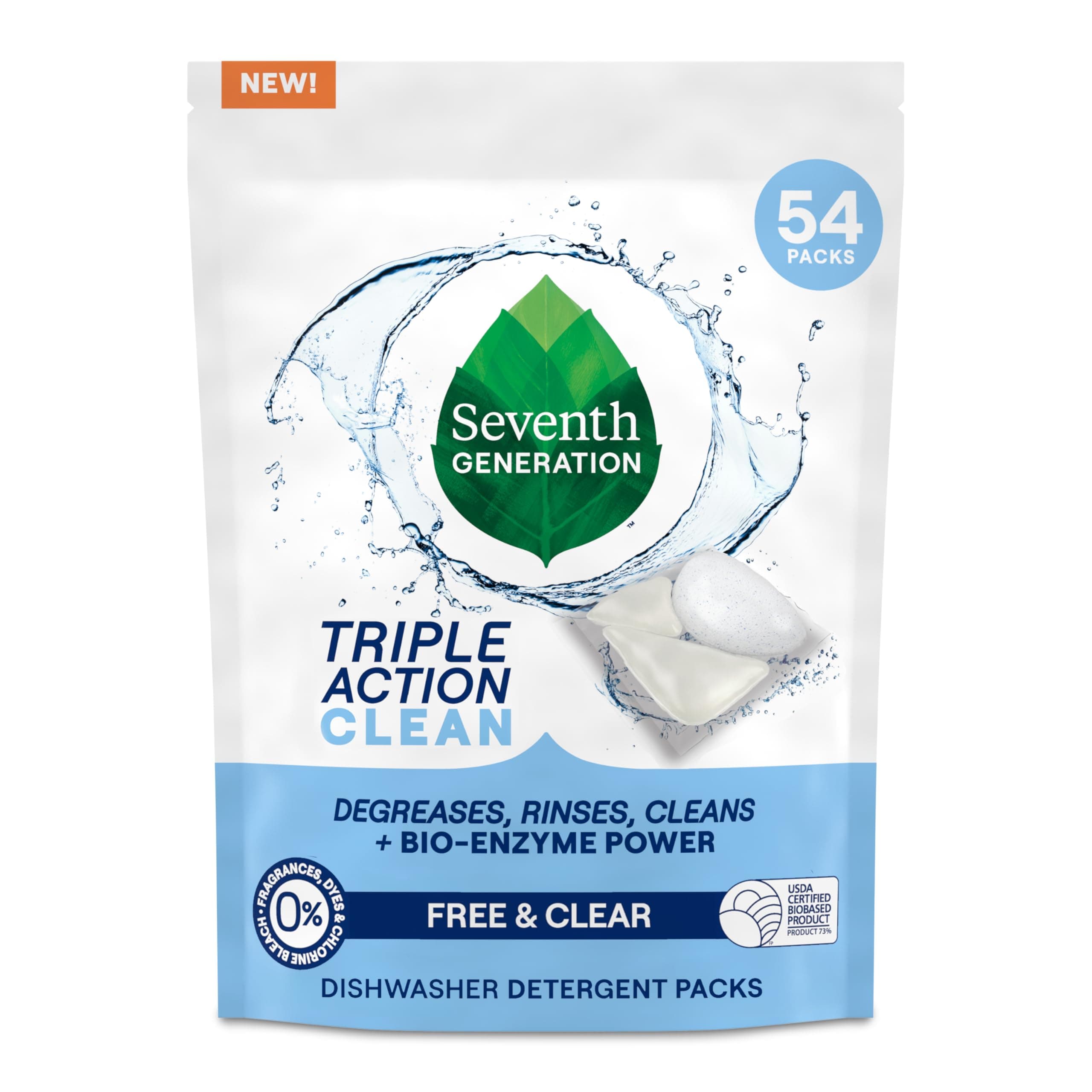 Triple Action Clean Automatic Dishwasher Detergent Packs with Bio-Enzyme Power, Free & Clear, Fights 48-hour Stuck-on Food, 54 count