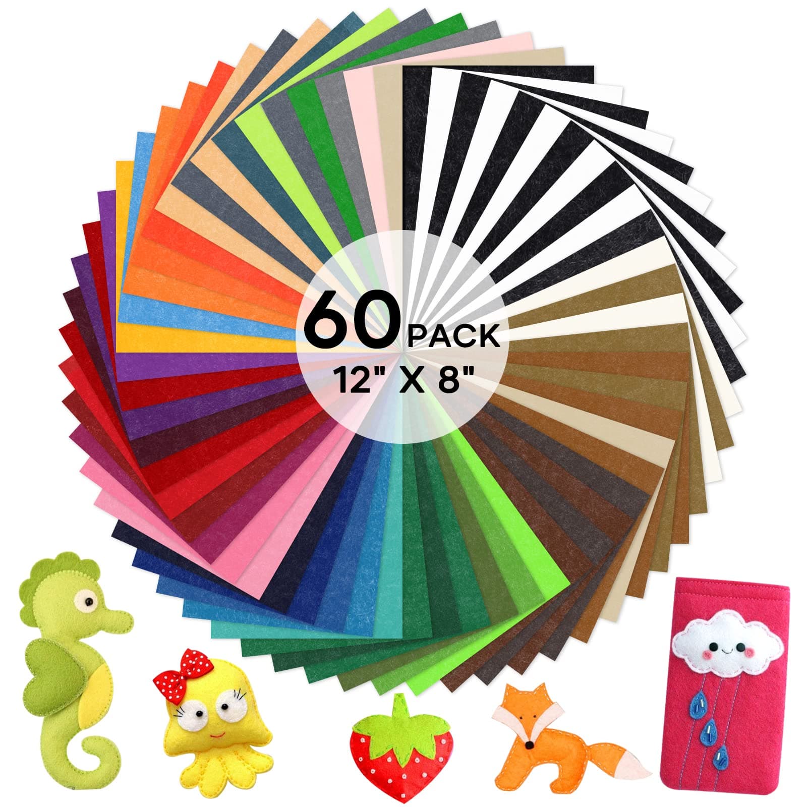 HTVRONT Felt Sheets for Crafts - 60pcs Felt Squares A4-8x12 Stiff Felt Sheets, Assorted Colors Craft Felt, 1mm Stiff Felt Fabric for Sewing, Patchwork, Decoration, Embroidering, Book, Felt Papers