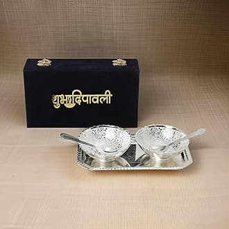 INTERNATIONAL GIFT German Silver Round Bowl Spoon Tray Or Carry Bag with Happy Diwali Tag