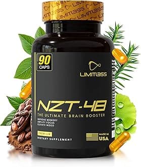 NZT-48 Brain Booster | Nootropic Brain Supplements for Memory and Focus | Premium Natural Energy Supplement with Caffeine, Phosphatidylserine, Vitamins B6 & B12, Ashwagandha | 90 Servings