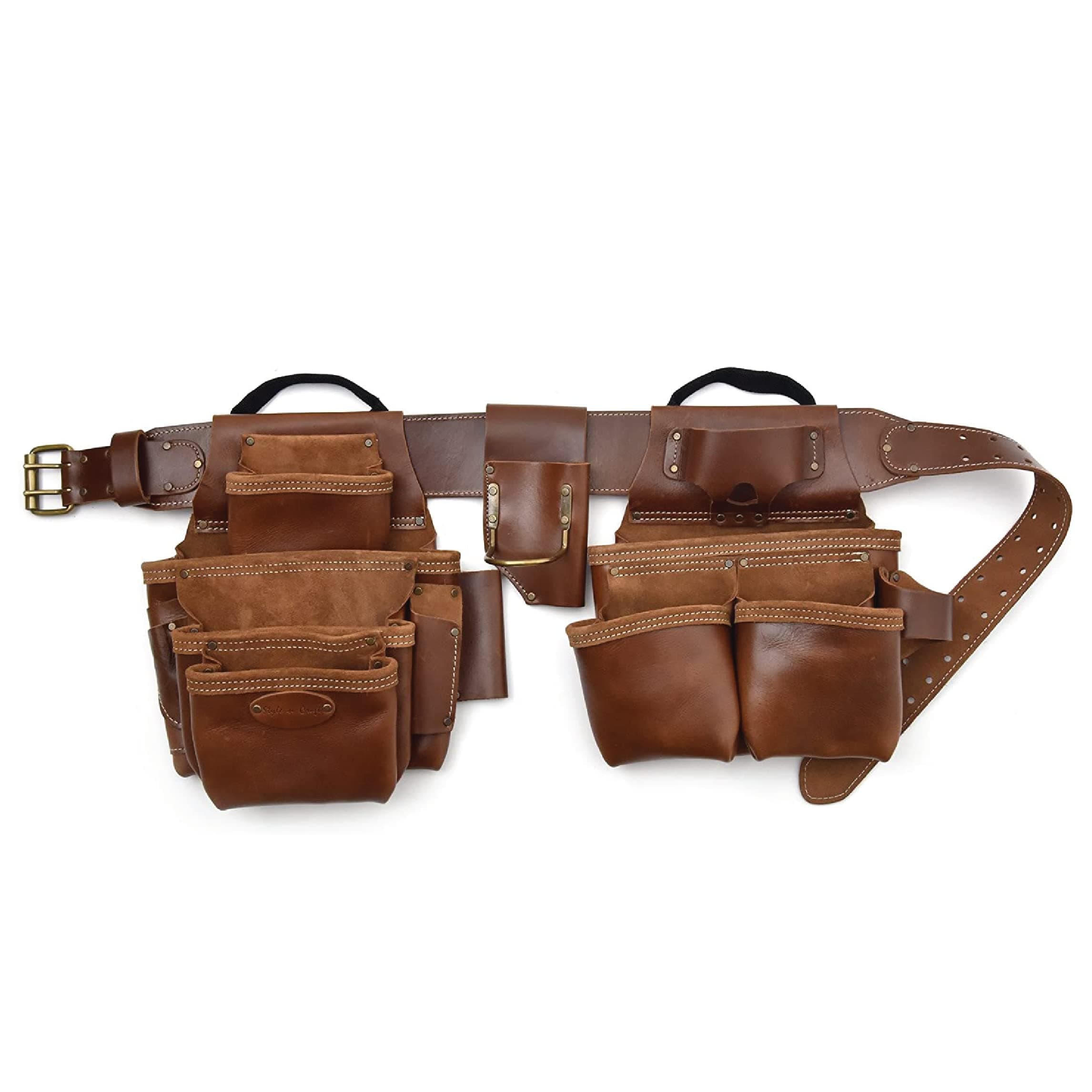 Style n Craft - 4 Piece and 19 Pockets Pro Framer’s Combo, Tool Belt with 2 Tool Pouches and 1 Pliers and Hammer Holder, Full-Grain Leather Carpenter Tool Belt Combo, Dark Tan (98444)