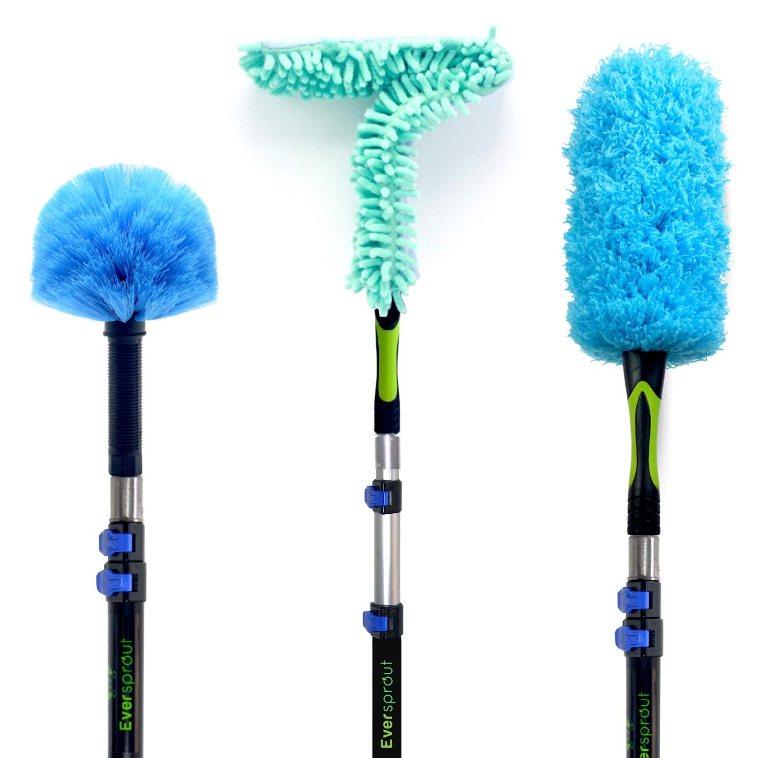 EVERSPROUT 5-to-12 Foot Duster 3-Pack with Extension-Pole (20+ Foot Reach) | Hand-packaged Cobweb Duster, Microfiber Feather Duster, Flexible Microfiber Ceiling & Fan Duster | Aluminum Telescopic Pole