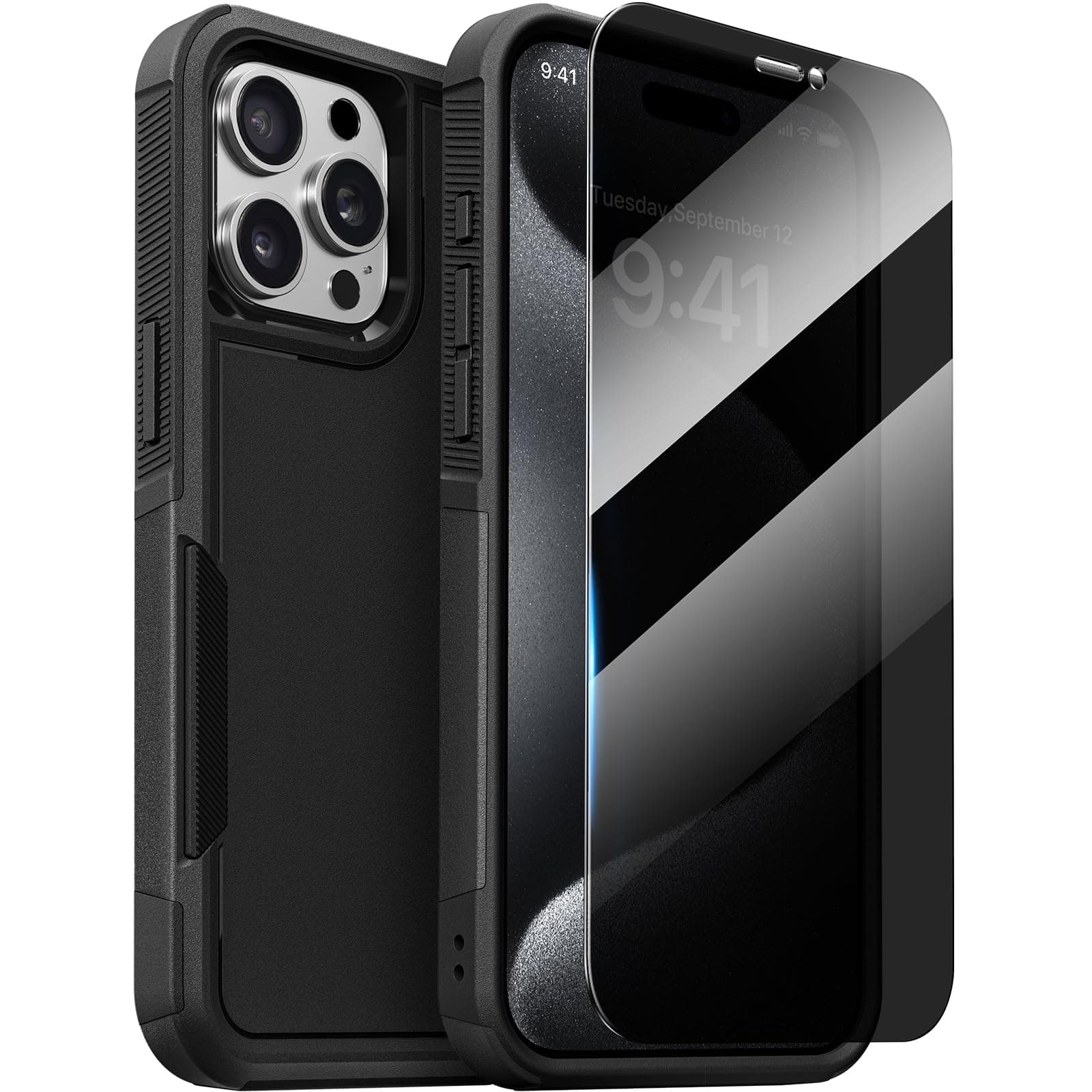 Diaclara Designed for iPhone 15 Pro Max Case, [with Privacy Screen Protector] [Anti Spy] [Military Grade Drop Protection] Heavy Duty Full-Body Shockproof Phone Case, BlackGlobal Recycled StandardGlobal Recycled StandardGlobal Recycled Standard