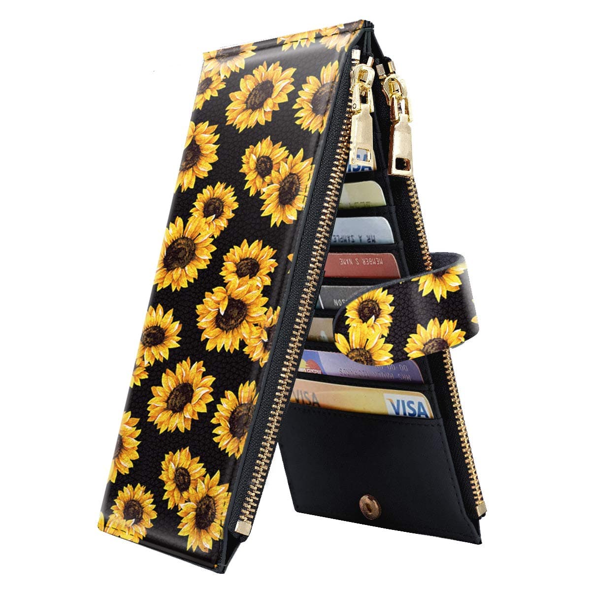 Womens RFID Blocking Large Capacity Wallet Multi Card Organizer Bifold Wallet for Women with Zipper Pocket, Sunflower, Large, Casual