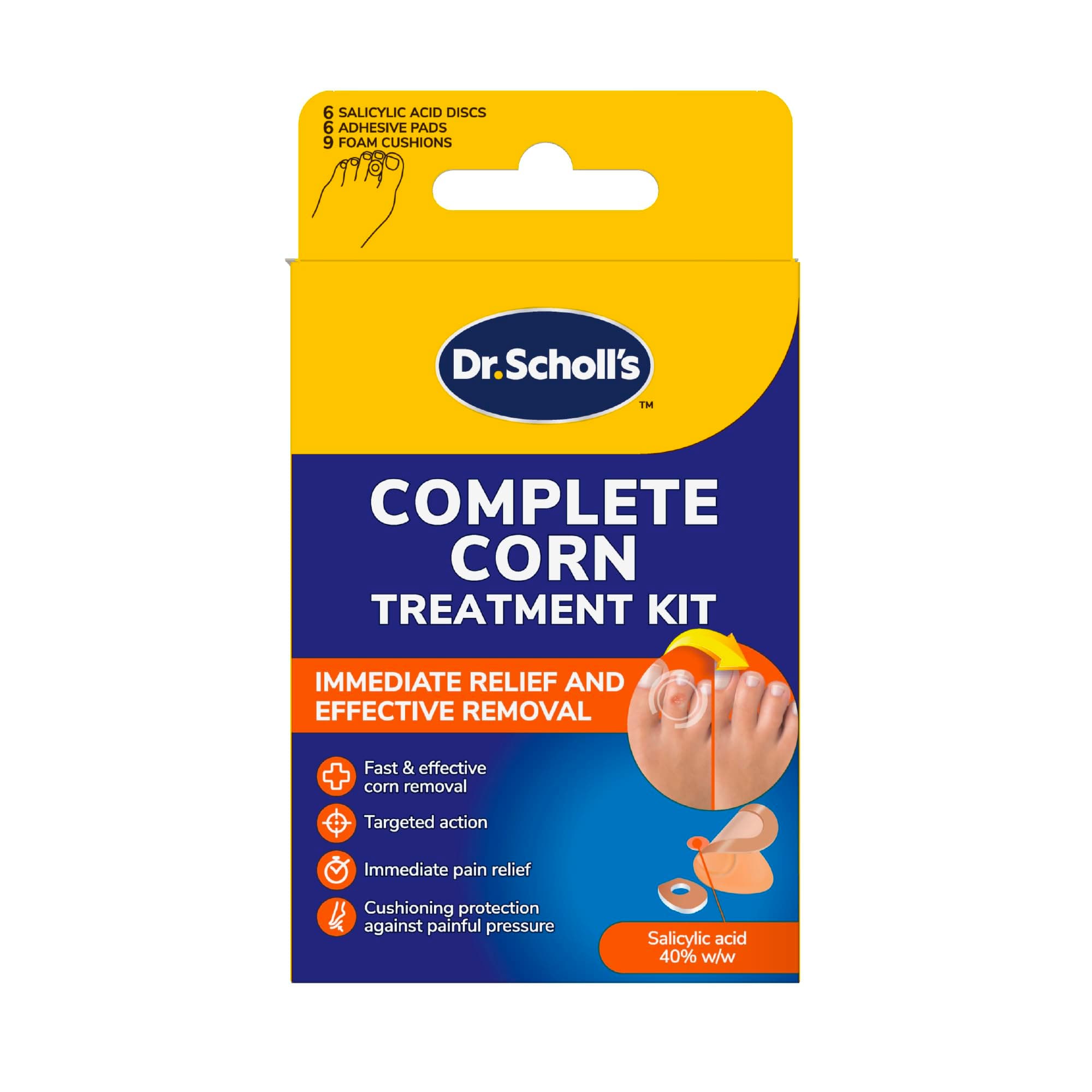 Scholl Complete Corn Removal Treatment Kit, 1 Pack - Medicated Action with Salicylic Acid, Includes 6 Pads, 6 Medicated Discs, and 9 Cushions for Effective Corn Removal
