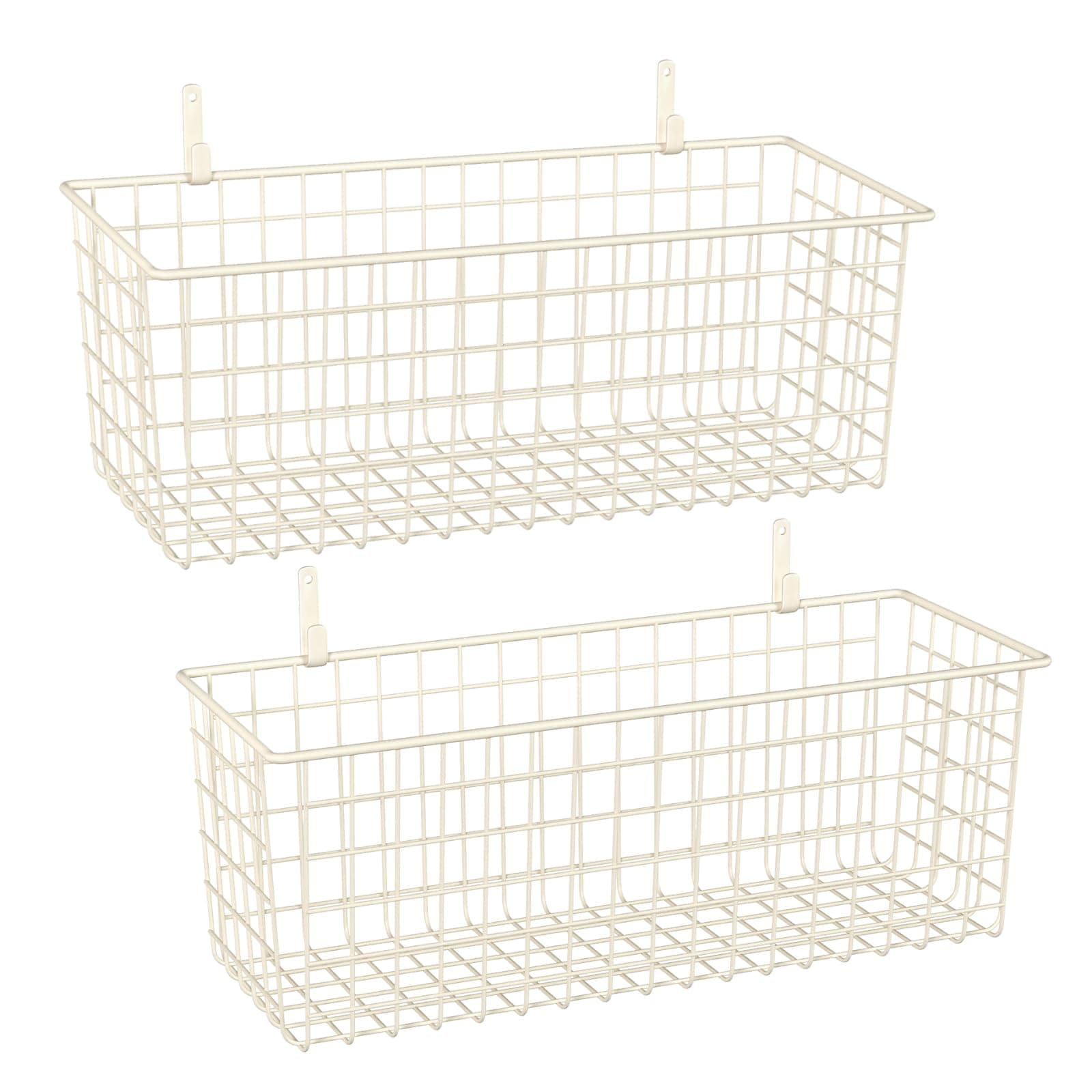 2 Sets Extra Large Hanging Wall Basket, White Metal Wire Baskets with Steel Hooks for Organizing, WallmountedFruit Vegetable Toy Snack Storage, Home Kitchen Bathroom Laundry Pantry Organizer