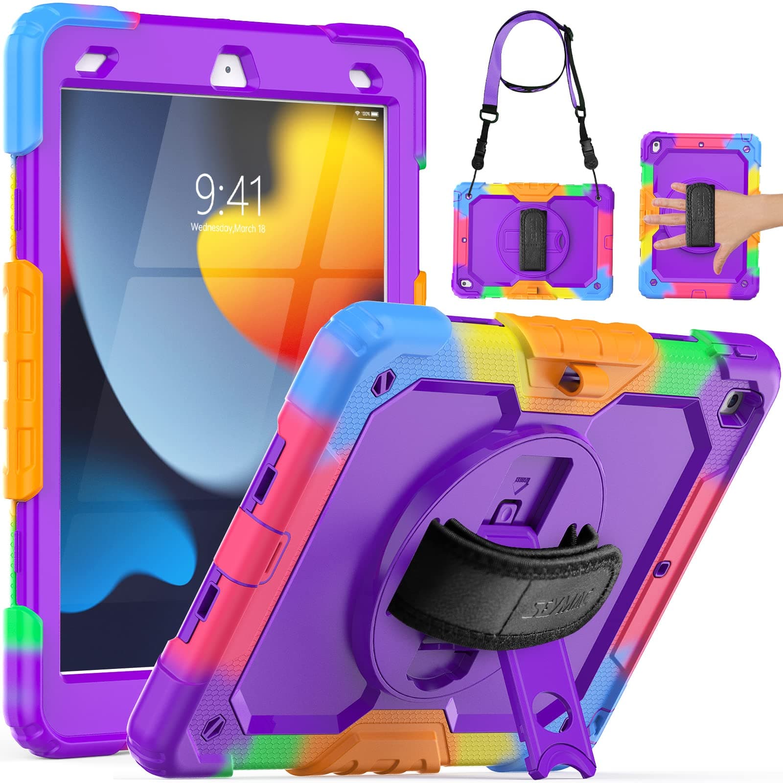 SEYMAC Kids Case for iPad 9th/8th/7th Generation 10.2 Inch with Screen Protector, Rotatable Hand Strap/Stand, Shoulder Strap, Shockproof Heavy Duty Protective Case for iPad 10.2, Colorful Purple