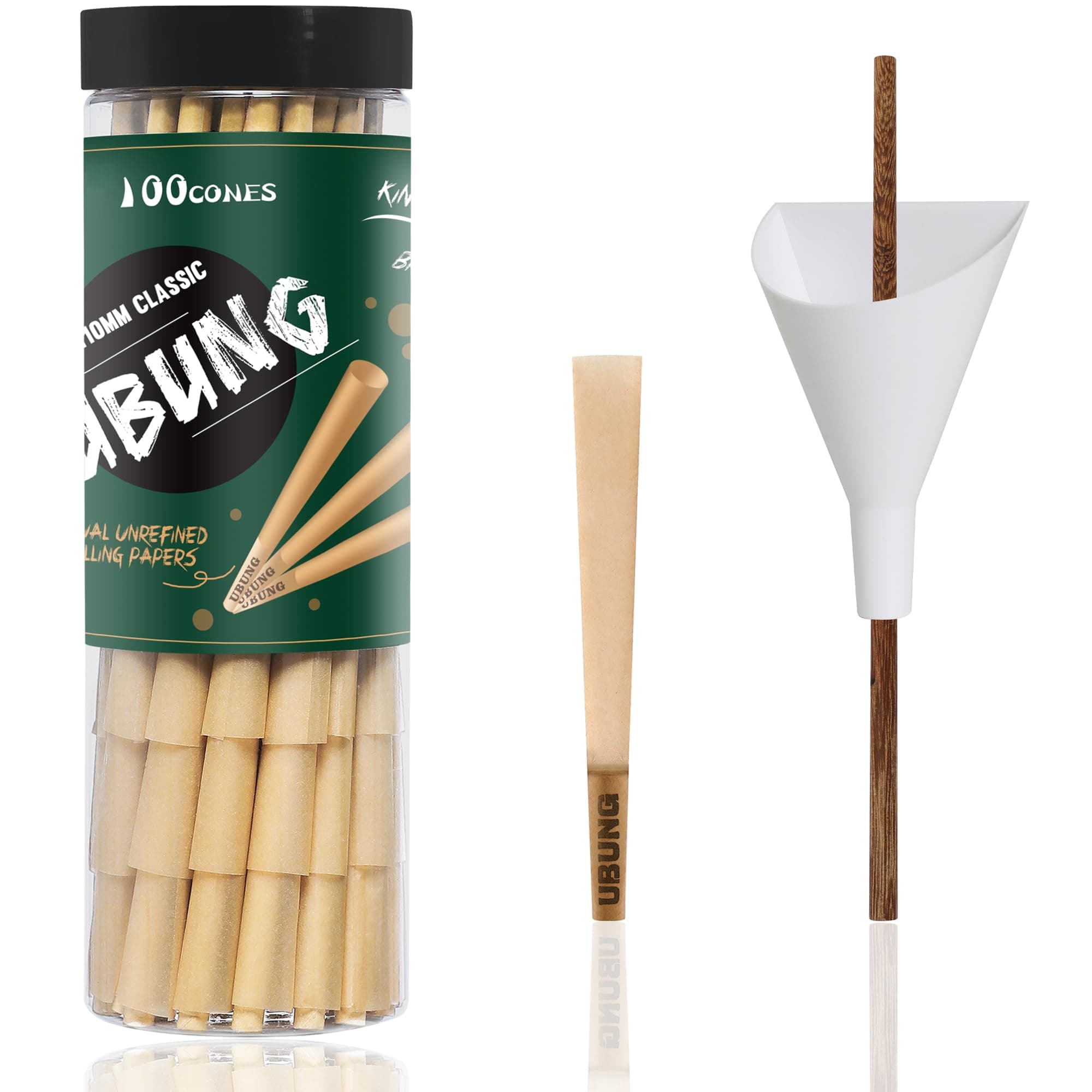UBUNG 100 King Size Brown Cones with Tips, Slow Burn Vegetable Fiber Paper, Includes Funnel Cone Loader and Push Rod