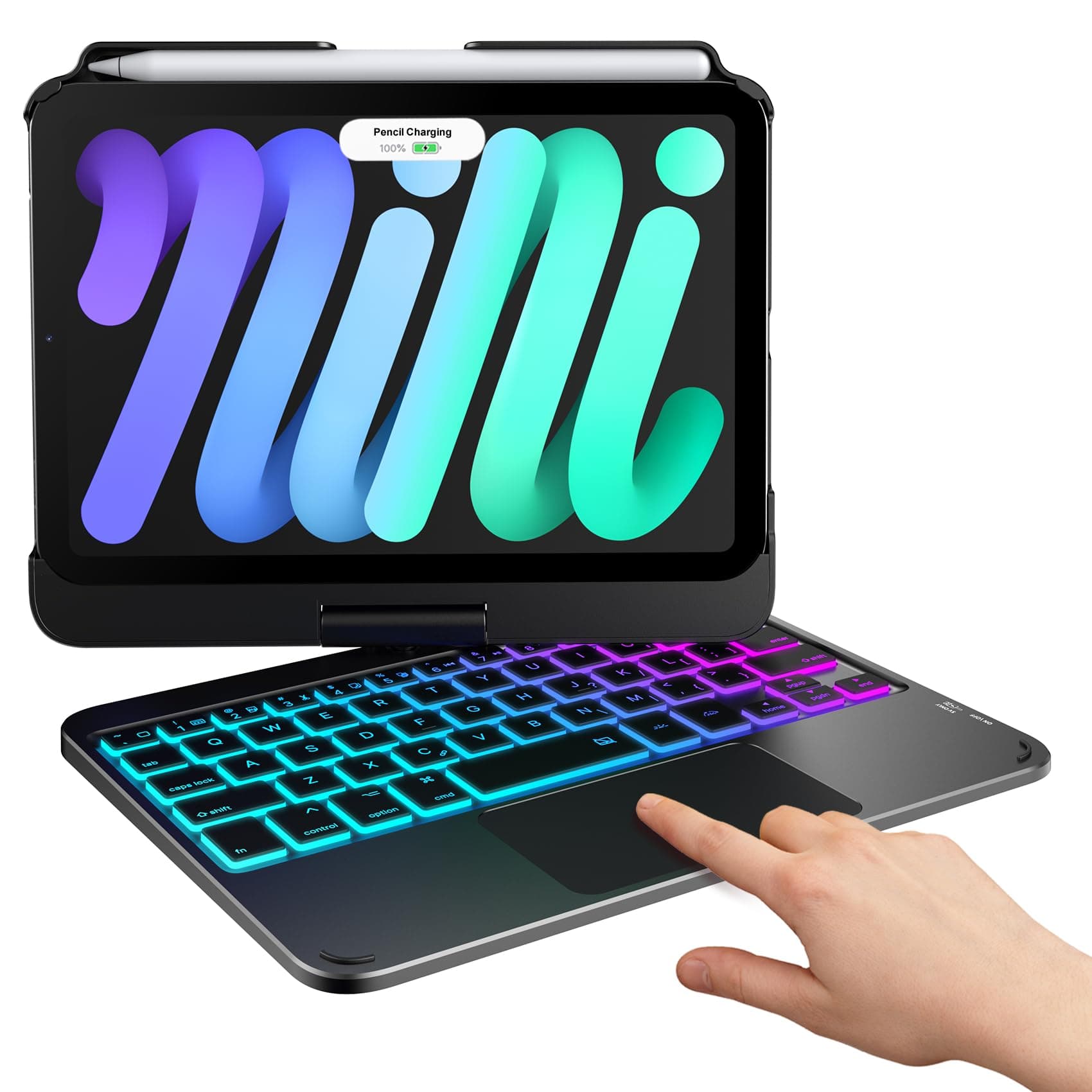 typecase Keyboard Case for iPad mini 7 (A17 Pro, 2024) & iPad mini 6th Gen (2021) 8.3-inch, Multi-Touch Trackpad, 360° Rotatable, 11-Color Backlit, Wireless Cover with Pencil Holder - Black