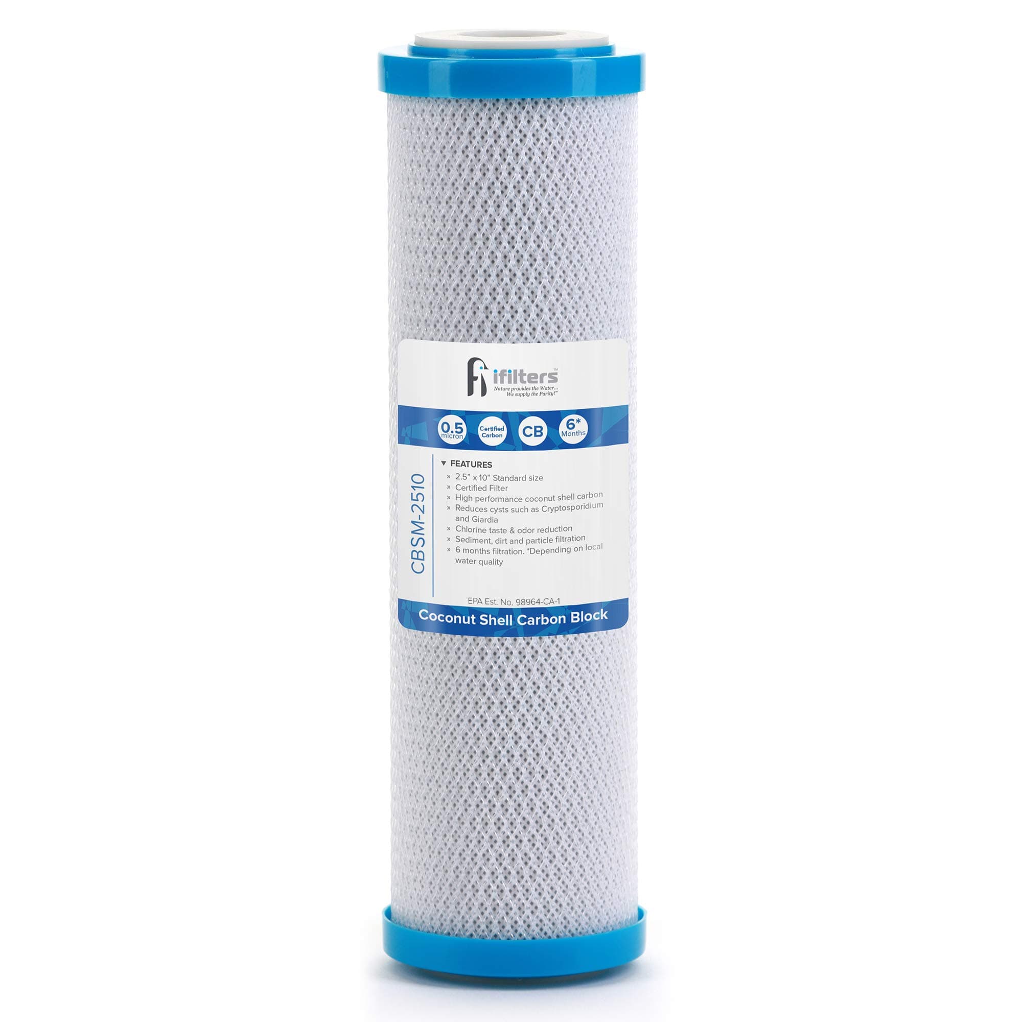 iFilters 0.5-Micron Carbon Block Water Filter – Coconut Shell CTO Drinking Water Filter Cartridge – 10-inch Replacement for Filtration Systems – Reduces Odors, Chlorine Taste – 2.5" x 10"