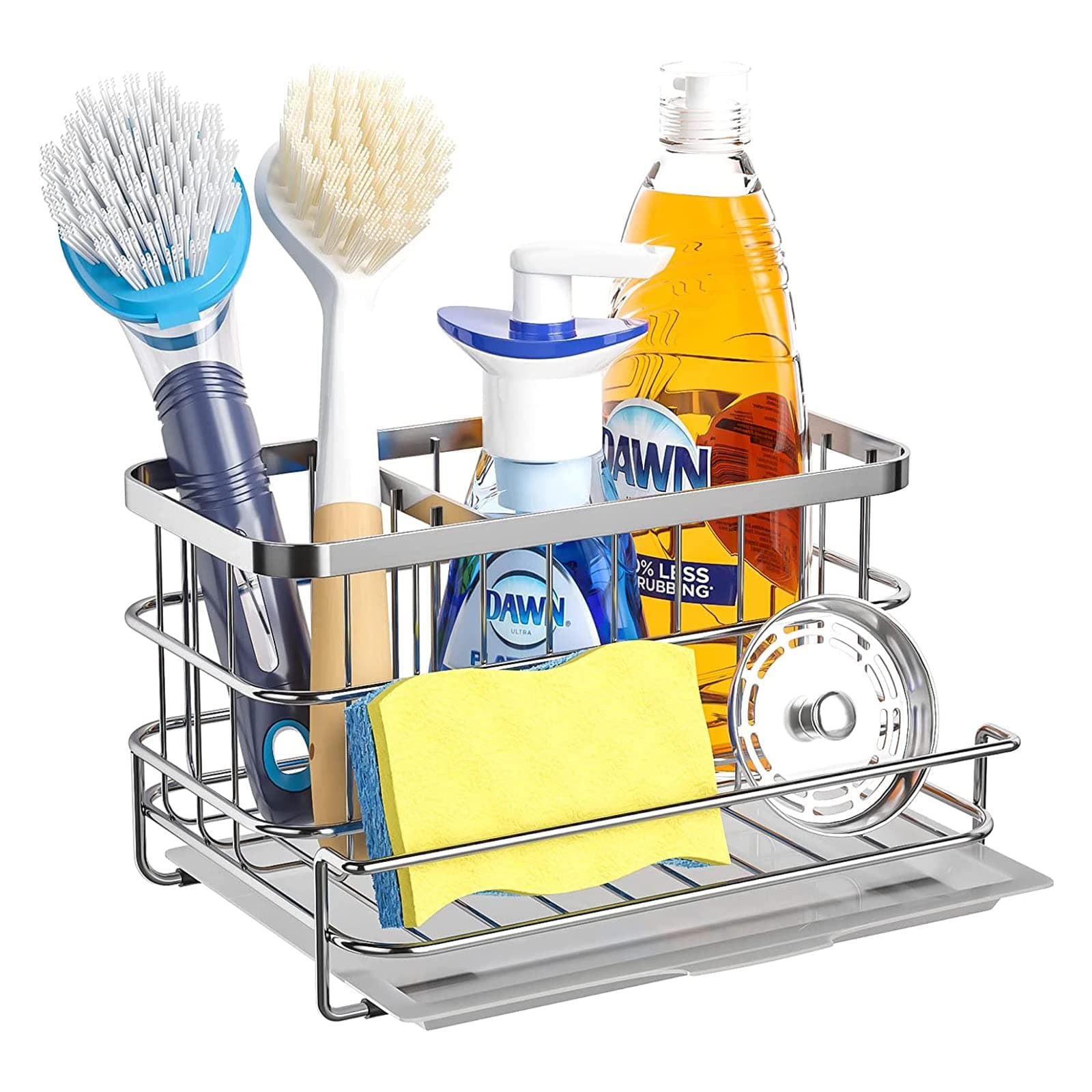 HapiRm Sponge Holder Kitchen Sponge Soap Holder Sponge Rack with Divider Design Tray Brush Drain Lid Sponge Rack Kitchen Storage Stainless Steel Silver