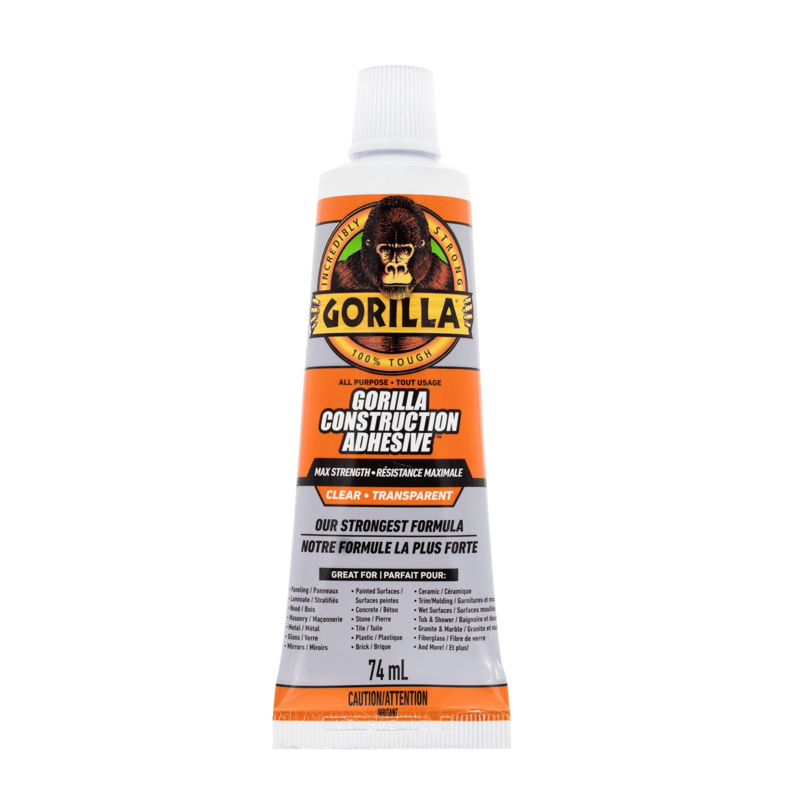 Gorilla Max Strength Construction Adhesive, Clear Glue, 2.5 Ounce Squeeze Tube (Pack of 1) - Gap Filling and Waterproof