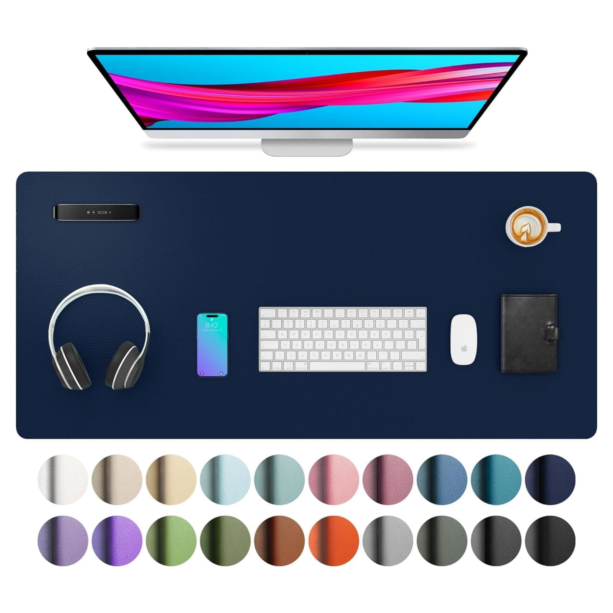 ABINLeather Desk Pad Protector,Mouse Pad,Office Desk Mat, Non-Slip PU Leather Desk Blotter,Laptop Desk Pad,Waterproof Desk Writing Pad for Office and Home (Dark Blue, 70x40cm)