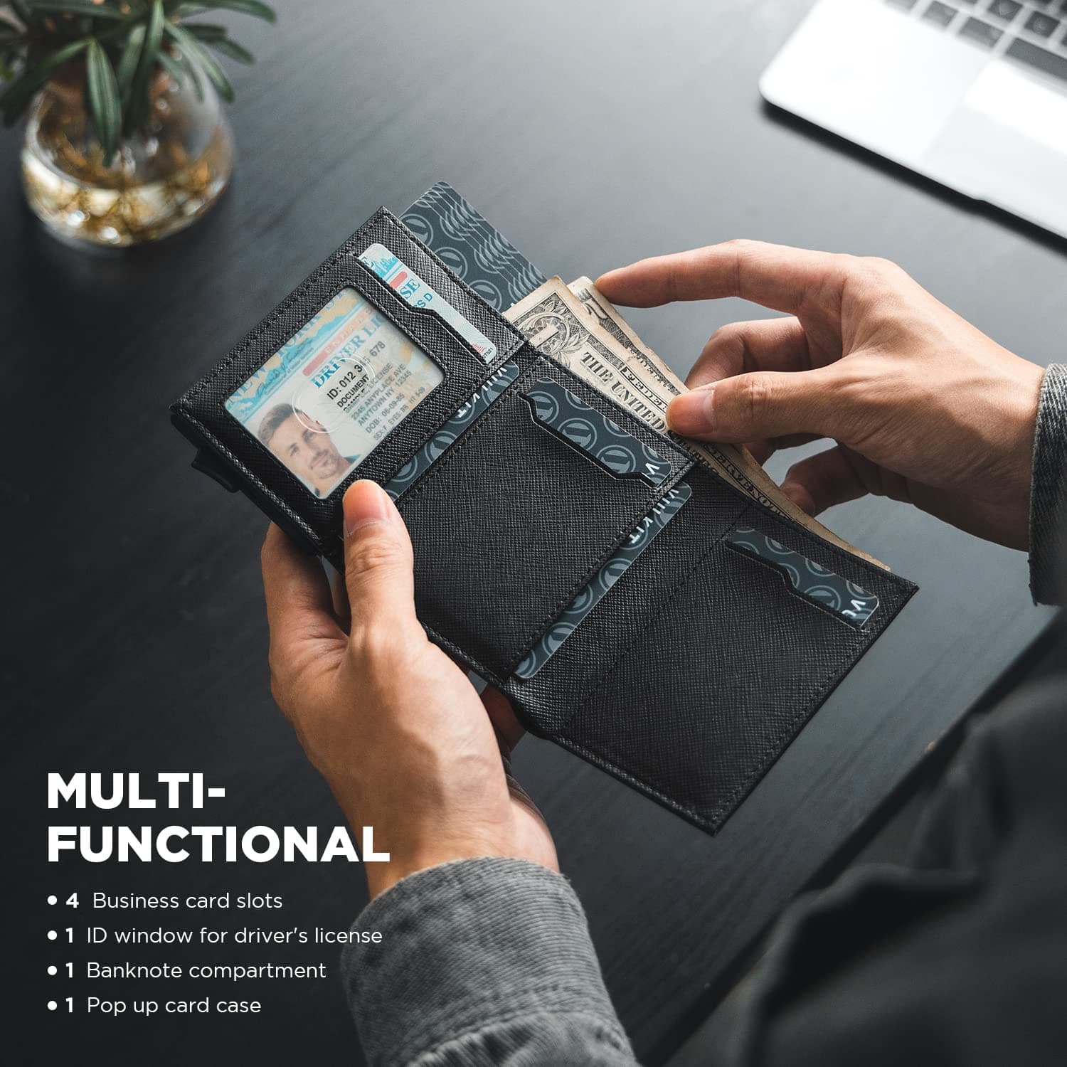 VULKIT Pop up Card Wallet Minimalist Cash Wallets RFID Blocking Leather Smart Credit Card Holder with ID window for Men(Cross Black)