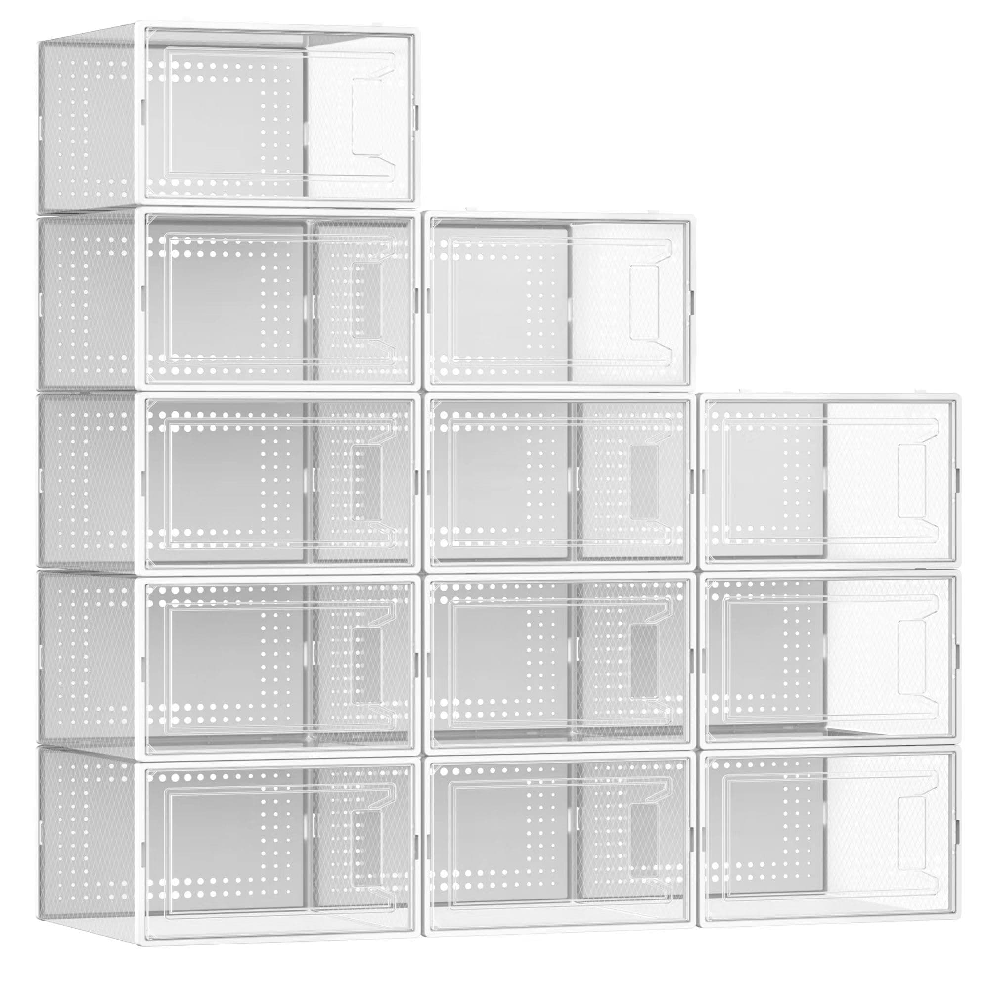 12 Pack Large Shoe Organizer Storage Boxes for Closet, Modular Space Saving Shoe Boxes Clear Plastic Stackable Sneaker Containers Display Case with Lid, Pearl White