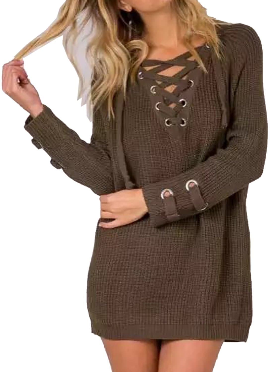 Summer Jun Women's Lace Up Front V Neck Long Sleeve Knit Sweater Dress Top, Army Green, Small(US Size:0-2)