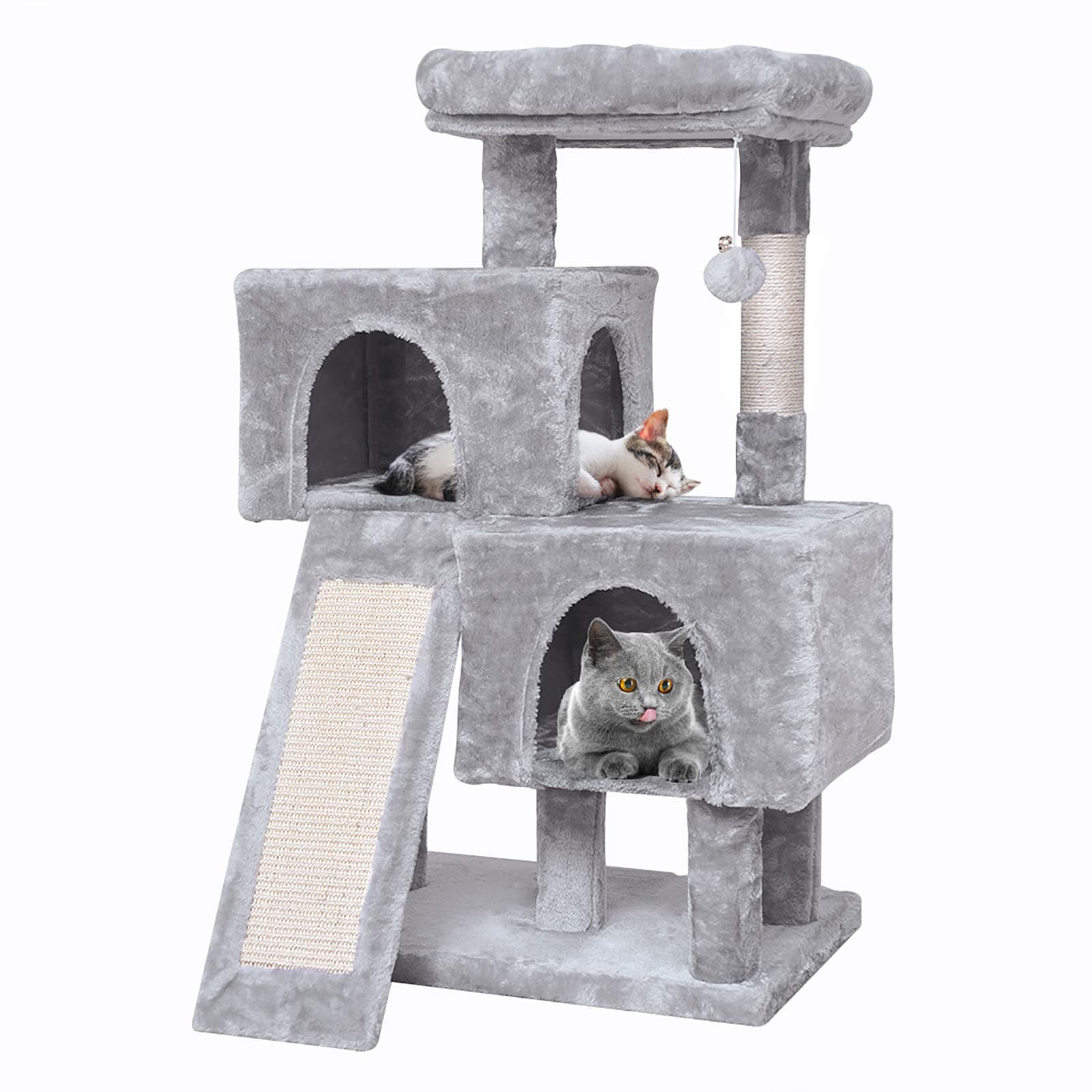 MQFORU Cat Tree Cat Tower, 96cm Multi Level Cat Scratching Posts Activity Centre with Sisal-Covered Climbing Ladder, Large Plush Perch & Cat Condos for Kittens, Adult Cats, Light Grey