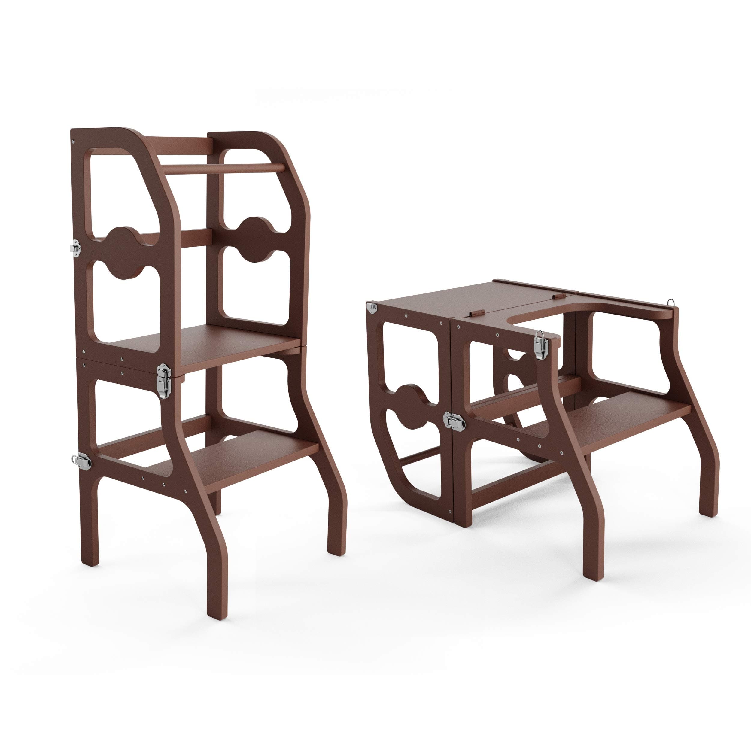 Kitchen Step Stool & Desk for Toddlers - Easy Folding Design Turns Helper Tower for Kitchen Counter Into Table & Chair Set for Little Kids - Learning Montessori by ComfyBumpy (Brown)