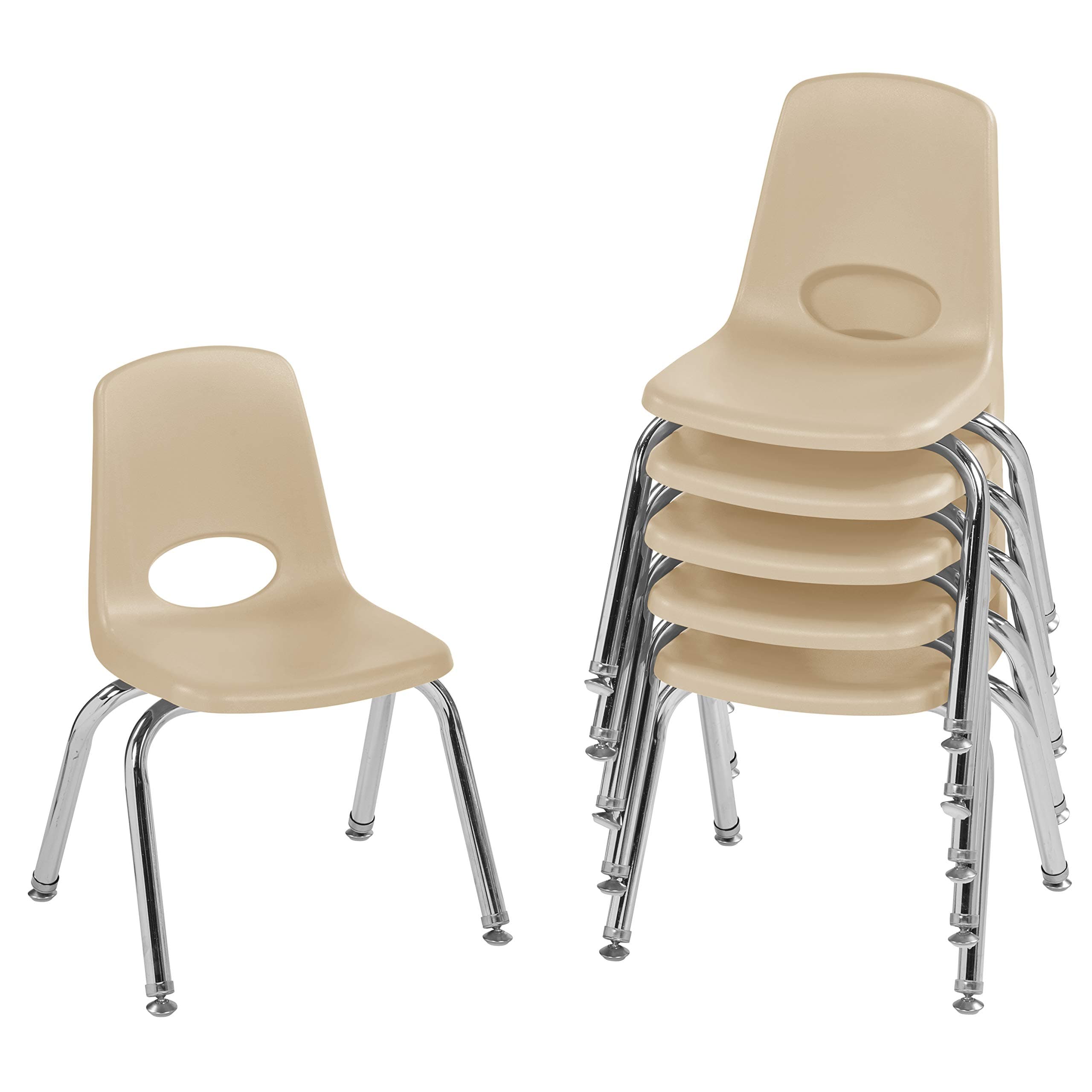FDP 12" School Stack Chair, Stacking Student Chairs with Chromed Steel Legs and Nylon Swivel Glides - Sand (6-Pack)