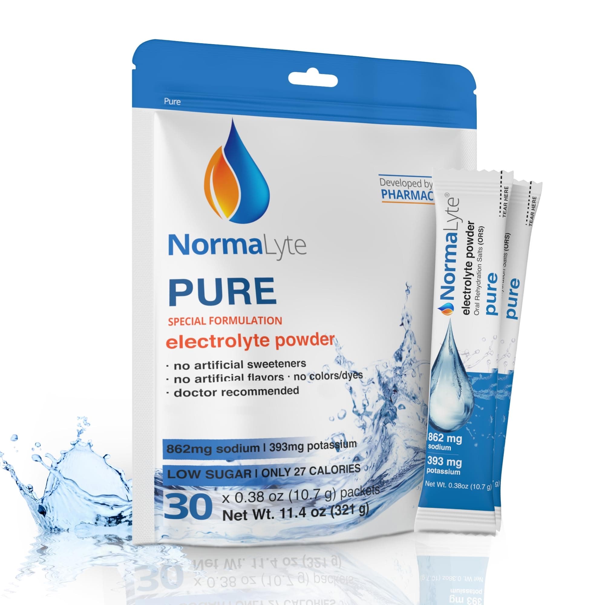 NormaLyte Pure Unflavored | Electrolyte Powder Packets | Sodium & Potassium Hydration Drink Mix | 30 Count | No Dyes, No Stevia