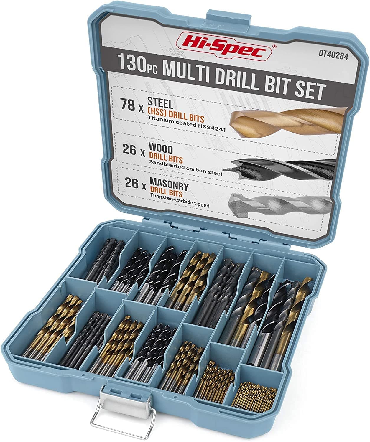 - Drill Bit Set 130pc Multi SAE – 11 Sizes 1/16in to 3/8in – HSS Titanium, Masonry & Brad Point Steel Bits – Metal Drill Bits for Metal, Wood, Plastic, Drywall, Brick & Concrete – With Tray Case