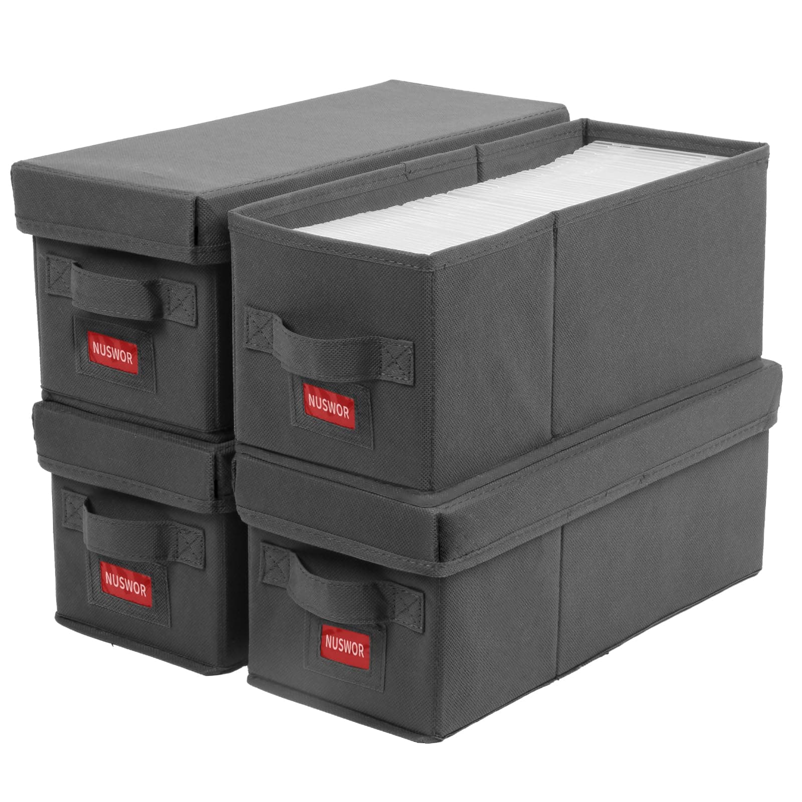 Premium CD Storage Box | Stackable CD Organizer Box with Lid | Holds 140 Jewel Cases | 14.37 x 5.5 x 6.3 inches | 4 Pack | Grey
