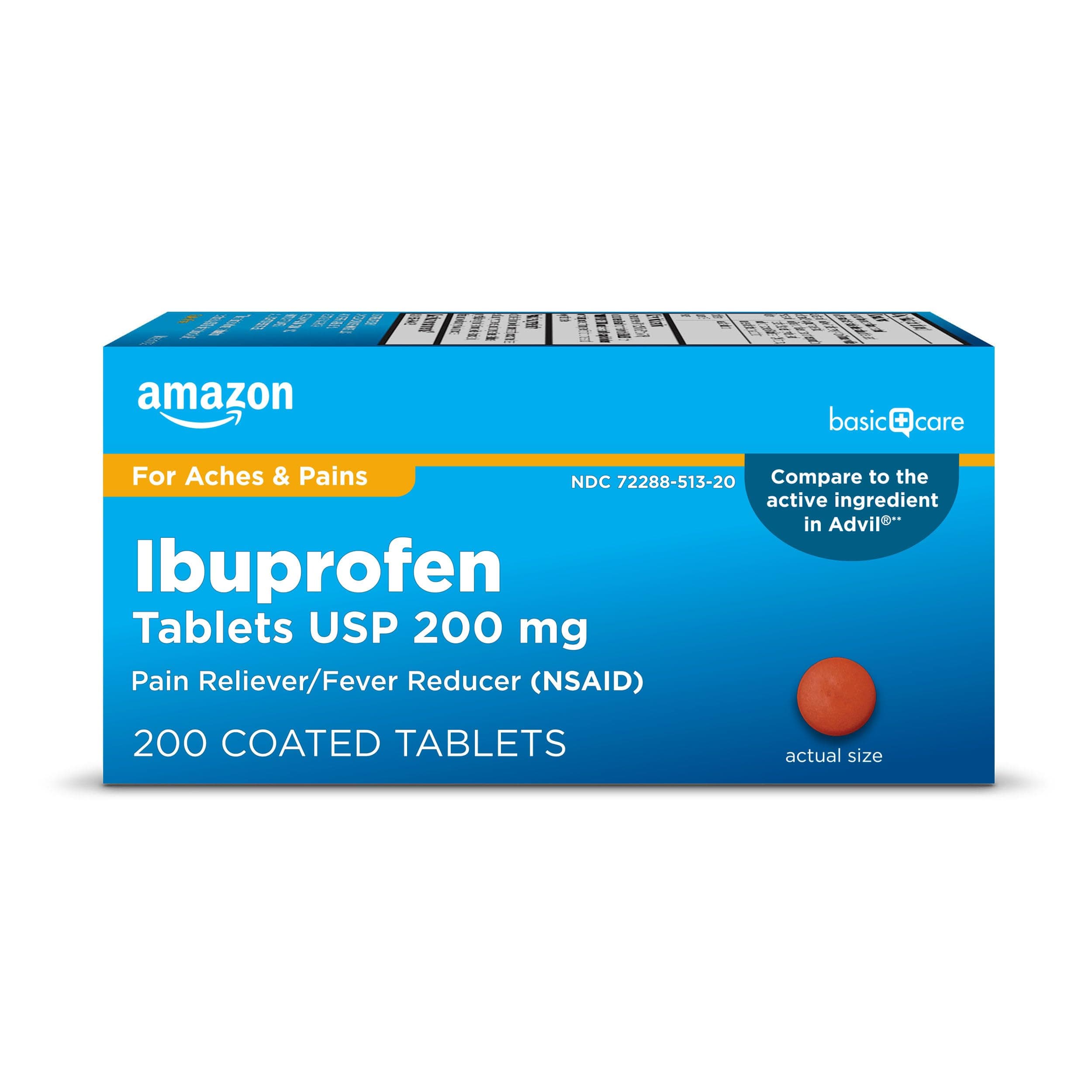 Amazon Basic Care Ibuprofen Tablets, Fever Reducer and Pain Relief from Body Aches, Headache, Arthritis Pain and More, Brown 200 Count