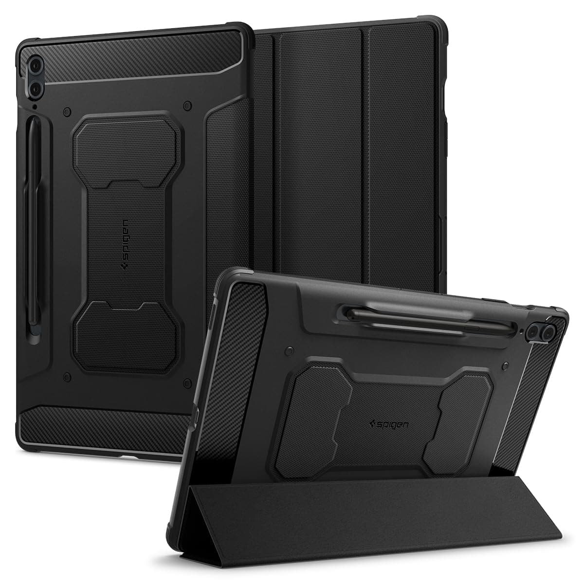 Spigen Rugged Armor Pro | Samsung Galaxy Tab S9 FE+ Case [S Pen Holder] [Trifold Stand] 12.4 inch Folio Full Cover | TPU+PU Leather - Black