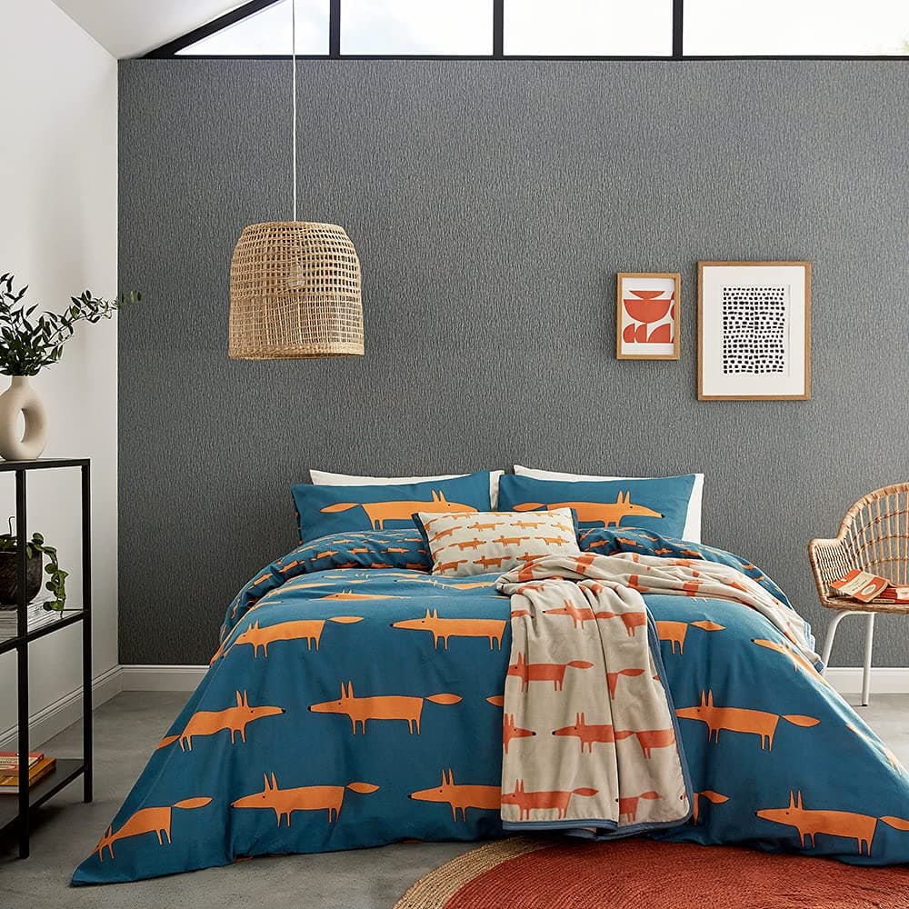 Scion MR FOX BRUSHED BEDDING COVER SET K/S DENIM & ORANGE, Blue, King