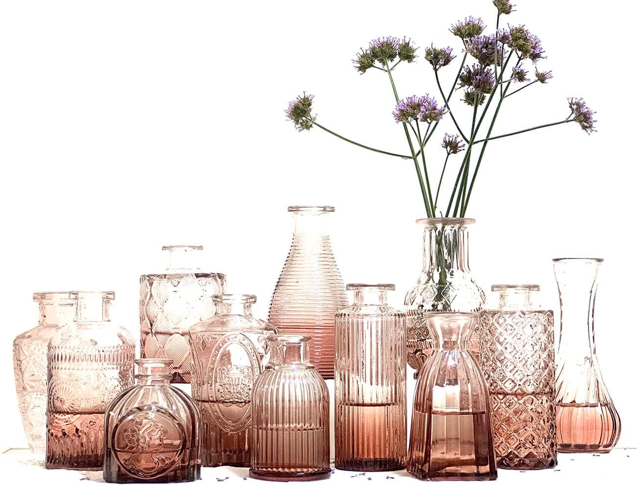 TempFoo12 Small Glass Flower Vase for Wedding Centrepiece Table Decorations, Pink Clear Crystal Vintage Embossed Bud Mini Flowers Vases in for Party or Home Living Room Dining Bedroom Decor Aesthetic