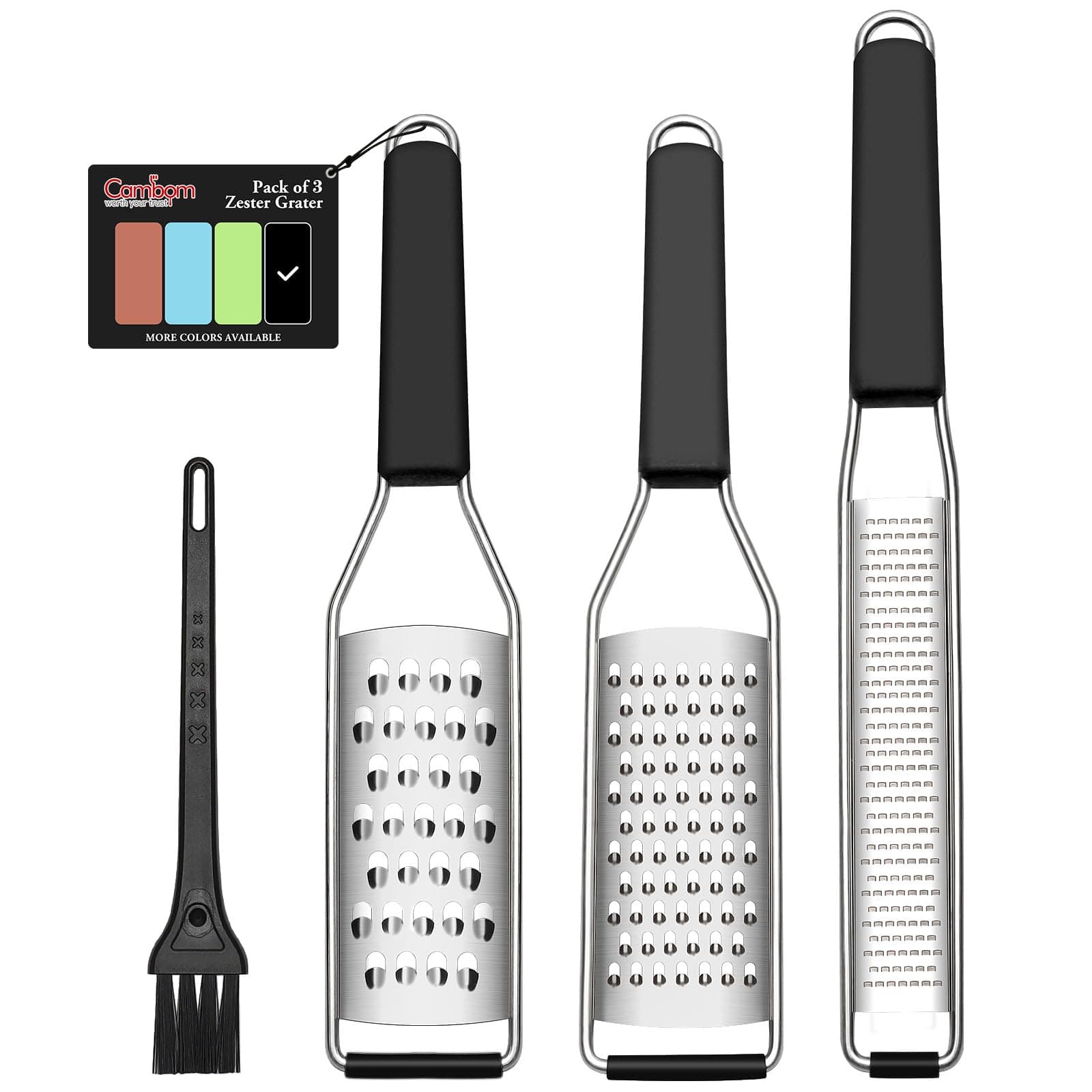 Lemon Zester Grater Three-piece Suit - Heavy Duty Kitchen Tool for Parmesan Cheese, Ginger, Garlic, Nutmeg, Chocolate, Vegetables，Fruits，Stainless Steel Grater Dishwasher Safe Black